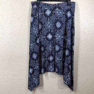 Maurices Skirt Knit Navy Blue White Paisley Print  Handkerchief Hem 2 2X Stretch